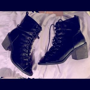 Heeled open front boots